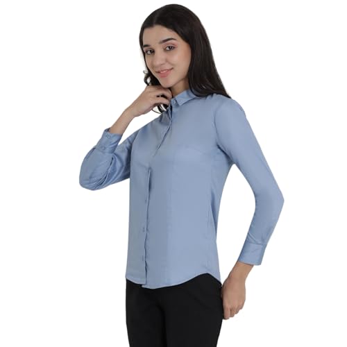 Image of Women's Cotton Solid Long Sleeve Shirt - Formal & Casual Button-Down Long Sleeve Collared Top for Office, Workwear 100% Soft Breathable Cotton Fabric