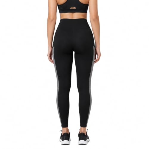 Image of Women's High-Waist Sports Leggings, Black with Grey Side Panel