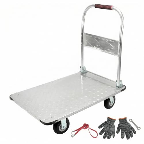 QWORK® Robuster Klappbarer Plattformwagen, mit 1100 kg Tragkraft, 90 * 60cm und Geräuschlosen Gummireifen, Stahl Schwere Ausführung Rollwagen Klappbar