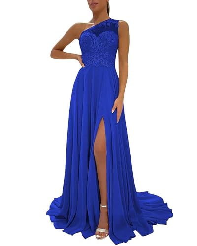 Image of LANGKAAO One Shoulder Lace Bridesmaid Dresses Long for Wedding A-Line Chiffon Slit Formal Party Gown with Pockets