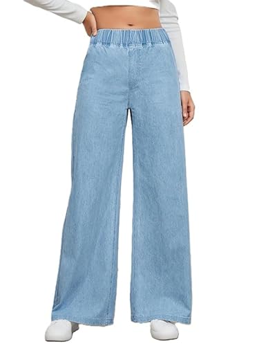Image of ADBUCKS Women's Stretch Denim Wide Leg Jeans Comfort Fit with Elastic Waistband, Straight Cut, Casual Style for All Seasons, Versatile Clothing