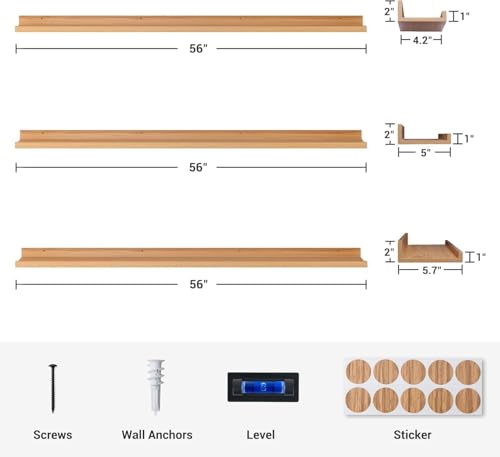 Image of Genuine Decor 56 Inch Natural Wood Wall Mounted Shelf, Long Display Shelf