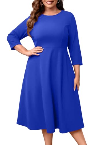 Image of Runwind Women's Plus Size Midi Dress Classy High Waist Wedding Guest Dress Casual Crew Neck 3 /4 Sleeve A-Line Swing Dresses