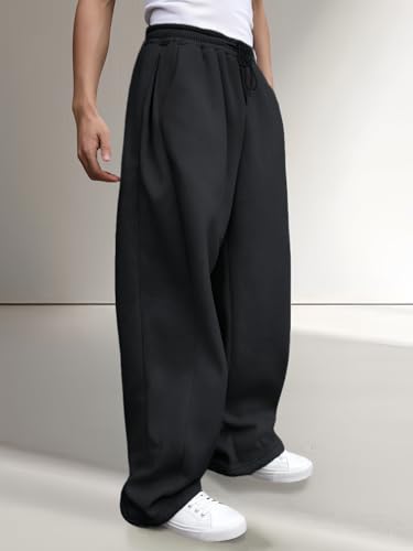 Image of Men's Baggy Sweatpants Fleece Wide Leg with Elastic Drawstring Waist, Casual Loose Lounge Joggers