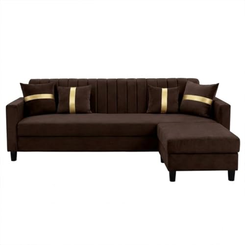 Image of CASASTYLE Korion 4 Seater L Shape Sofa Set with Movable Ottoman | Flexible Left or Right Layout | Cozy Velvet Fabric | Soft Touch Seating | Modern Designer Sofa for Living Room (Dark Brown)
