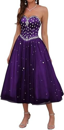 Image of Likedpage Women's Strapless Tea Length Prom Dress, Tulle Ball Gown with Crystal Beading, Corset Back