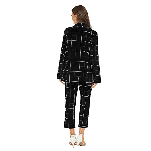 Modful Women's 2 Piece Plaid Suit Set Double-Breasted Lapel Blazer And Elastic Drawstring Pants Black Size Medium #TOP4