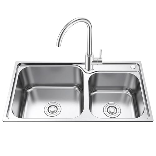 Lavello da appoggio doppia vasca Lavabo da incasso in acciaio Inox lucido Lavelli Cucina Lavandino Commerciale con 2 Fori Doppio Lavello con rubinetto