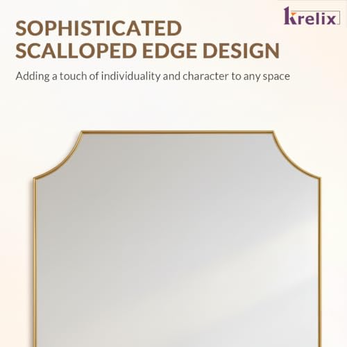 Image of 12x18 Inch Gold Scalloped Vanity Mirror - Brushed Antique Finish with Anti-Rust Plastic Frame, Elegant Wall-Mounted Bathroom Mirror for Home Decor & Remodel
