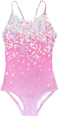 Girls One Piece Bathing Suit Kids Pink Ombre Heart Print Swimsuits