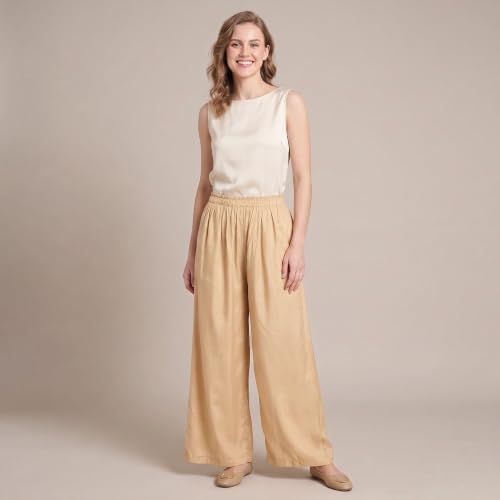 Image of FASHION GALLERY Women's Solid Rayon Palazzo Pants | Relaxed Fit Full Length Wide Leg Palazzo | Elastic Waist Comfortable Casual Lounge Office Ethnic Flared Trousers for Women