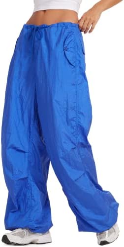 WOBONIU Women Low Waist Baggy Cargo Pants Indie Aesthetic Drawstring Loose Pocket Jogger Trousers Hippie Punk Streetwear(Blue, Small)