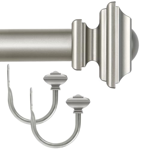KAMANINA Bundle of 48-84" Single Curtain Rod and Matched Holdbacks 1 Pair, Square Finials, Antique Silver