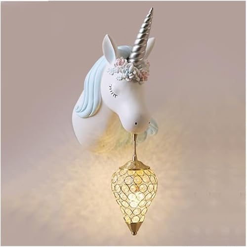 YJRXXSW Unicorn Creative Resin Wall Sconce Nordic Children's Room Light Crystal Decor for Bedroom Bedside Living Room(Blue Right)
