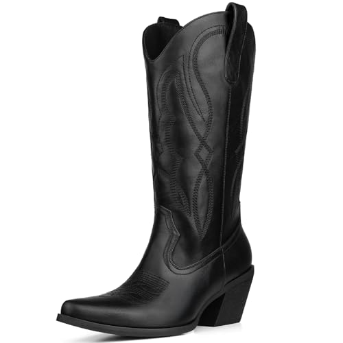 Image of Knee High Cowgirl Boots Women Wide Calf Rhinestones Cowboy Boots Lady Pointed Toe Chunky Heel Embroidered Sparkly Boot With Side Half Zip Country Sparkle Boot Size 6-11