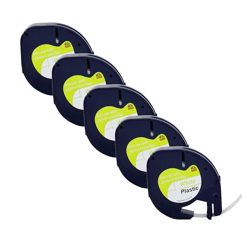 Double Dragon, Pack de 5 Cintas Compatibles de Repuesto para Dymo LetraTag Plástico Blanco 91201 S0721610, para Dymo LetraTag LT 100H LT 100T LT 110T QX50 XR XM, Negro sobre Blanco, 12mm x 4m