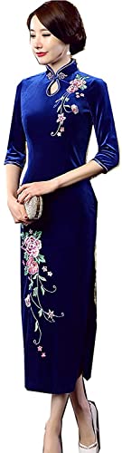 Lazutom Vestido chino de Qipao del terciopelo del bordado de las mujeres del vestido largo del partido de Cheongsam, azul, 4