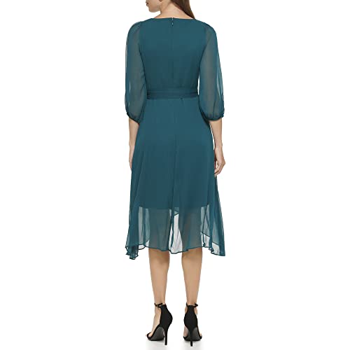 Image of DKNY Women's Chiffon Balloon Sleeve Faux Wrap Midi Dress with High-Low Hem