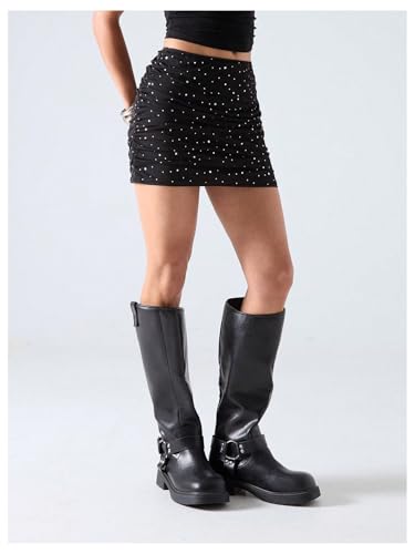 SOLY HUX Women's Rhinestone Mesh Mini Skirt Glitter Ruched Bodycon Party Club Going Out Skirts4