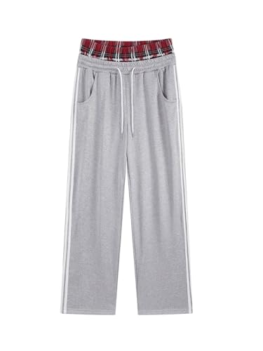WDIRARA Men's Baggy Wide Leg Sweatpants Side Striped Patchwork Drawstring Track Pants with Pockets Grey Medium