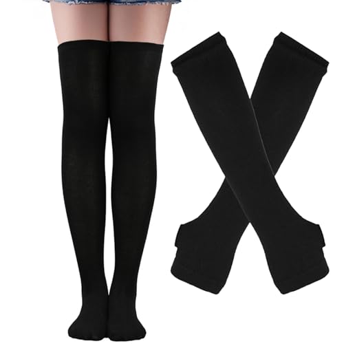 Image of Black and White Striped Arm Leg Warmers Sleeves Set Rainbow Socks Knee High Fingerless Gloves Hand Thigh Warm