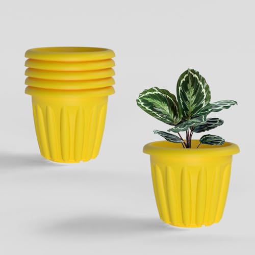 Image of YUCCABE ITALIA SHERA Floot 8 Inch Plastic Flower Pot 6 Piece Set of Round Shape Planter for Home Garden Seedling Planter for pots (Yellow)