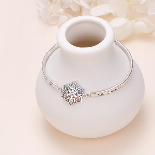 7 Chakra Bracelet 925 Sterling Silver Just Breathe Lotus Flower Rainbow Stones Yoga Chakra Energy Balance Bangle Bracelet Jewelry for Women Spiritual Healing2