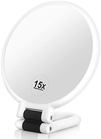 ANEIMIAH 1X 15X Travel Magnifying Hand Held Mirror,Double Side Folding Hand Mirrors for Women with Adjustable Handle Cosmetic Mirror for Girl Compact Travel Makeup Round Mirror White