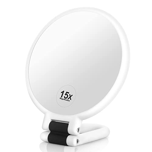 Aneimiah 1X 15X Travel Magnifying Hand Held Mirror,Double Side Folding Hand Mirrors For Women With Adjustable Handle Cosmetic Mirror For Girl Compact Travel Makeup Round Mirror White #TOP2