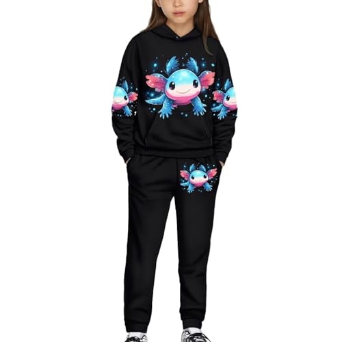 Uppodwarkid Girls Clothes Size 7-8 Axolotl Lounge Wear Set for Girls Cat Sweatsuit for Teen Girls with Fall Hoodie and Fashion Sweatpants Lightweight Lounge Sets for Kids Running Outdoor Sportwear