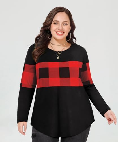 Image of CARCOS Plus Size Tops for Women Color Block Flower /Striped /Camo Crew Neck Long Sleeve Tee Shirt