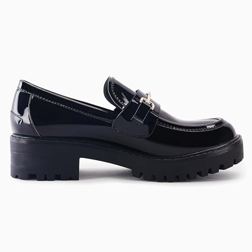 Image of VETASTE Women's Platform Chunky Heel Loafers Slip on Business Casual Shoes | Classic Closed Round Toe, Lug Sole, Work Office Uniform Oxfords, Metal Chain