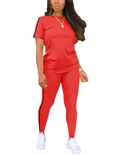BNGPIKLY Womens Lounge Sets Fashion 2 Piece Sweatsuit Outfits Summer Short Sleeve Loungewear Tracksuits Red S