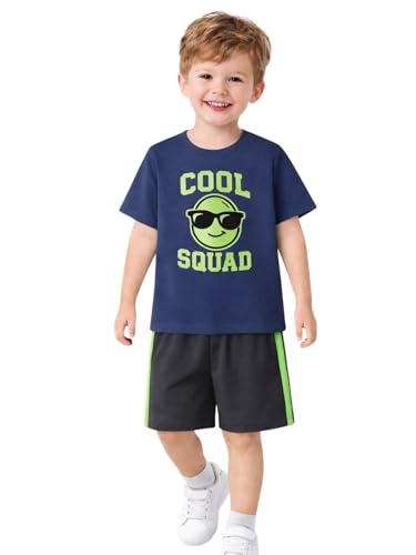 Image of HILEELANG Toddler Boy Summer Outfit Set 2 Piece Short Sleeve T Shirt and Short Soft Breathable Cotton Clothing Sets 2-7T
