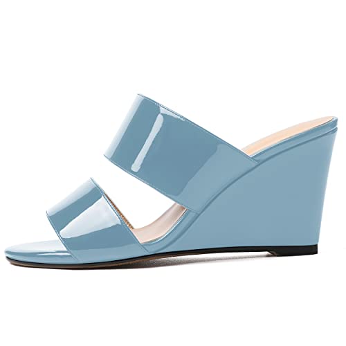 WAYDERNS Women's Dating Open Toe Round Toe Slip On Two Straps Patent Casual Wedge High Heel Wedges Sandals 3.3 Inch2