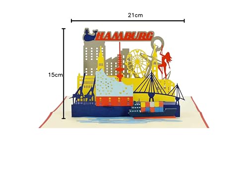 Diese-Klappkarten 3D Pop Up Karte Geburtstag mit Hamburg Motiv - Hamburg Skyline Popup Karte zum Geburtstag - Reisegutscheinkarte Pop Up Effekt - Geburtstagskarte 3D