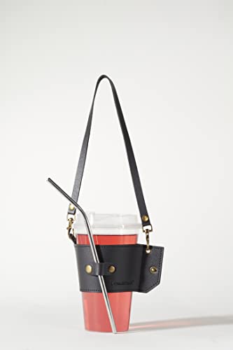 Coffee Sleeves Reusable Leather Coffee Cup Holder With Handle, Hot Coffee Iced Coffee Sleeve With Coffee Straw Holder, Insulated Drink Carrier For Coffee Drinks, Boba Tea. Portable Cup Carrier(BLACK)