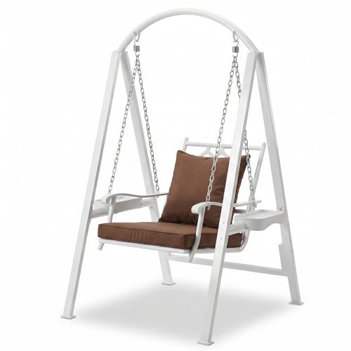 Image of Pamapic Porch Swing with Stand, 350lbs Heavy-Duty Metal Frame Outdoor Swing for Adults with Dual Side Trays, Adjustable Chains, Zippered Removable Cushion for Balcony, Backyard, Garden, White