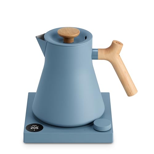Fellow Corvo EKG Pro Electric Tea Kettle - Quick Heating, Precise Temperature Control Electric Kettle, Scheduling, Built-in Brew Timer for Boiling Water - Hazy Blue with Maple Handle - 0.9 Liter