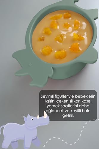 Meleni Baby 3'lü Hayvan Figürlü Silikon Bebek Mama Kasesi Seti - Şekilli Bebek Beslenme Kasesi Yeşil - Görsel 4