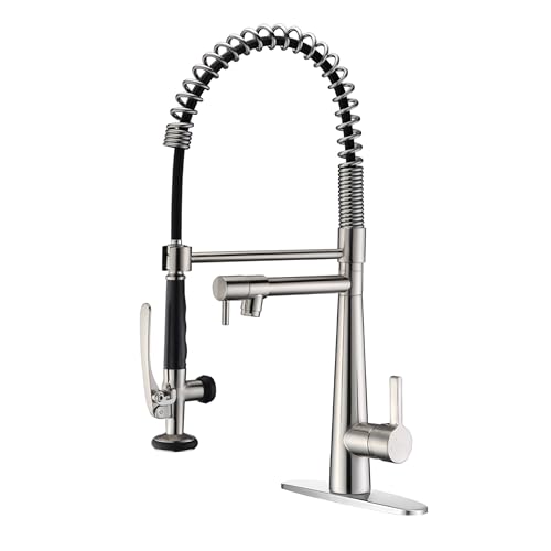 Image of Copper Kitchen Faucet, Solid Brass Brushed Nickel Kitchen Faucet, Heavy Duty Spring Pre-Rinse Single Handle Kitchen Faucets with Pull Down Sprayer and Pot Filler, Commercial Style Sink Faucet