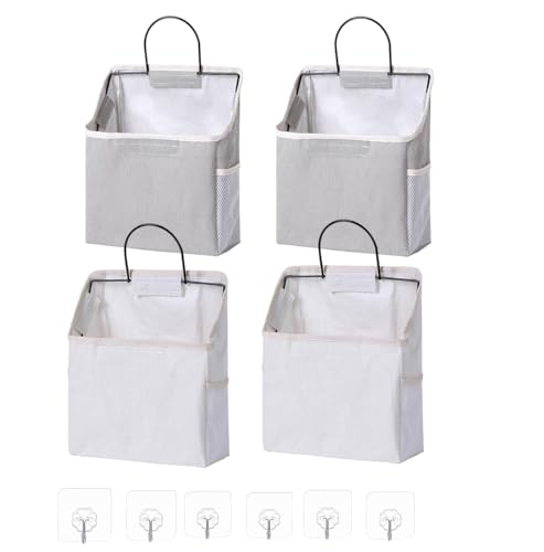 Heatunk Linen Cotton Wall Hanging Storage Organizer Set - 4 Pieces with Waterproof Design and 6 Sticky Hooks for Bedroom, Bathroom, Kitchen, Dormitory - Pure