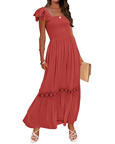 Zesica Women's 2023 Summer Lace Strap Sleeveless Square Neck Smocked High Waist Ruffle Hollow Out Flowy A Line Maxi Dress,Rust,X-Large #TOP14