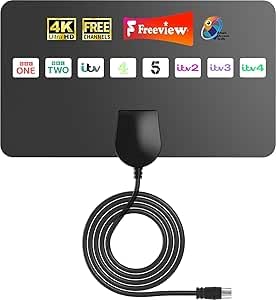 Indoor TV Aerial with Signal Amplifier – 360° Reception – Supports 4K/1080P for Smart TV – Window/Wall Mounted Digital Freeview Aerial – 5M Coaxial Cable Included1