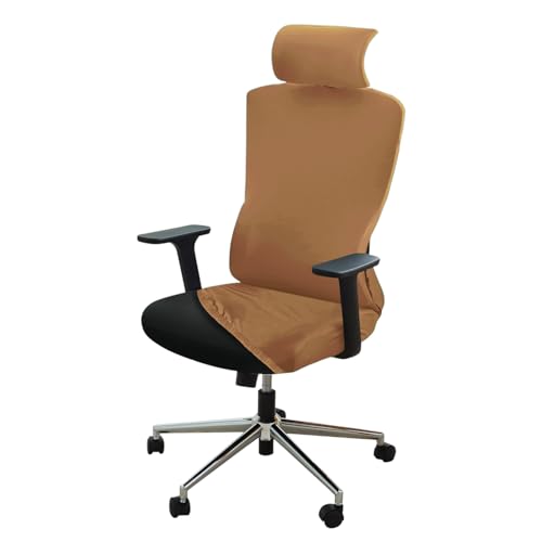 Image of HOKIPO 140 GSM Office Chair Cover with Headrest (High-Back) - 140 GSM Stretch Fabric - Washable, Anti-Slip Fit for Ergonomic Mesh Office Chairs, Caramel Brown (AR-6704-SBRN)