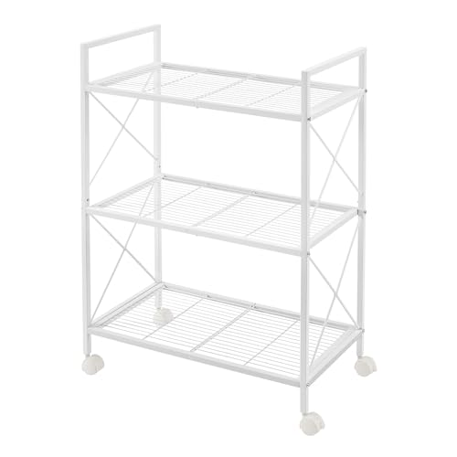 Image of SONGMICS 3-Tier Metal Storage Rack with Wheels, Mesh Shelving Unit with X Side Frames, 23.6-Inch Width, for Entryway, Kitchen, Living Room, Bathroom, Industrial Style, White UBSC163W01
