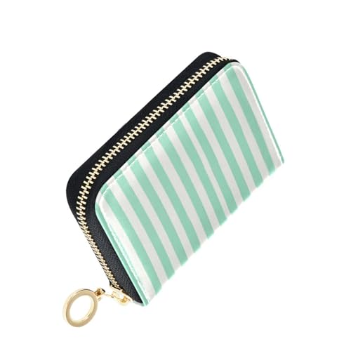 Women's Green White Stripe Credit Card Holder Wallet Leather Zipper Card Case for Ladies Girls 20300992