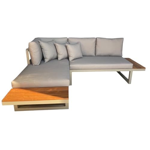 Sofá de Canto com Chaise em Alumínio e Madeira – Estofado Impermeável para Área Externa, Varanda ou Jardim