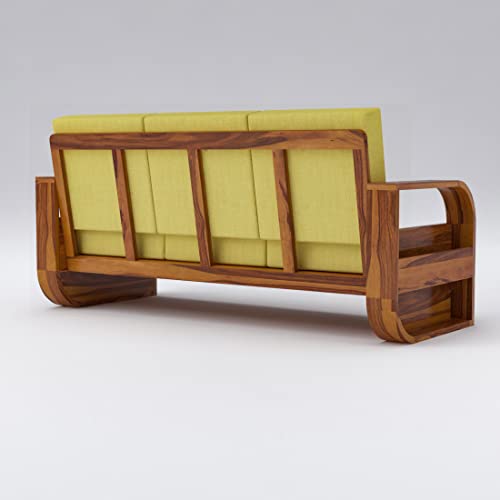Image of Douceur Furnitures Solid Sheesham Wood 3 Seater Sofas | Three Seater Sofa for Living Room, Cafe, Office | (Honey Teak Cushion Yellow)