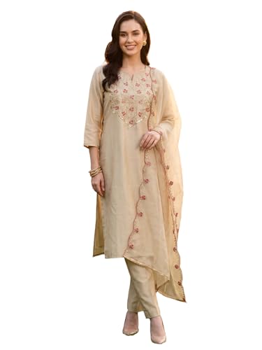 Image of INDO ERA Women's Silk Blend Paisley Embroidered Zari Work Kurta & Pant with Dupatta Set (IEBBAI389)